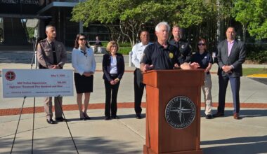 University of North Florida Police Department officials gather May 5 as the Firehouse Subs Public Safety Foundation presents an $18,509 grant for lifesaving emergency response equipment. Photo courtesy Firehouse Subs Public Safety Foundation