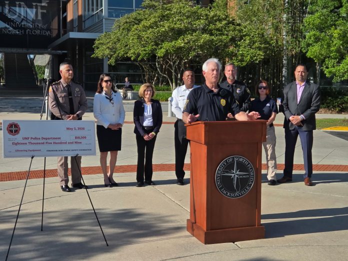 University of North Florida Police Department officials gather May 5 as the Firehouse Subs Public Safety Foundation presents an $18,509 grant for lifesaving emergency response equipment. Photo courtesy Firehouse Subs Public Safety Foundation