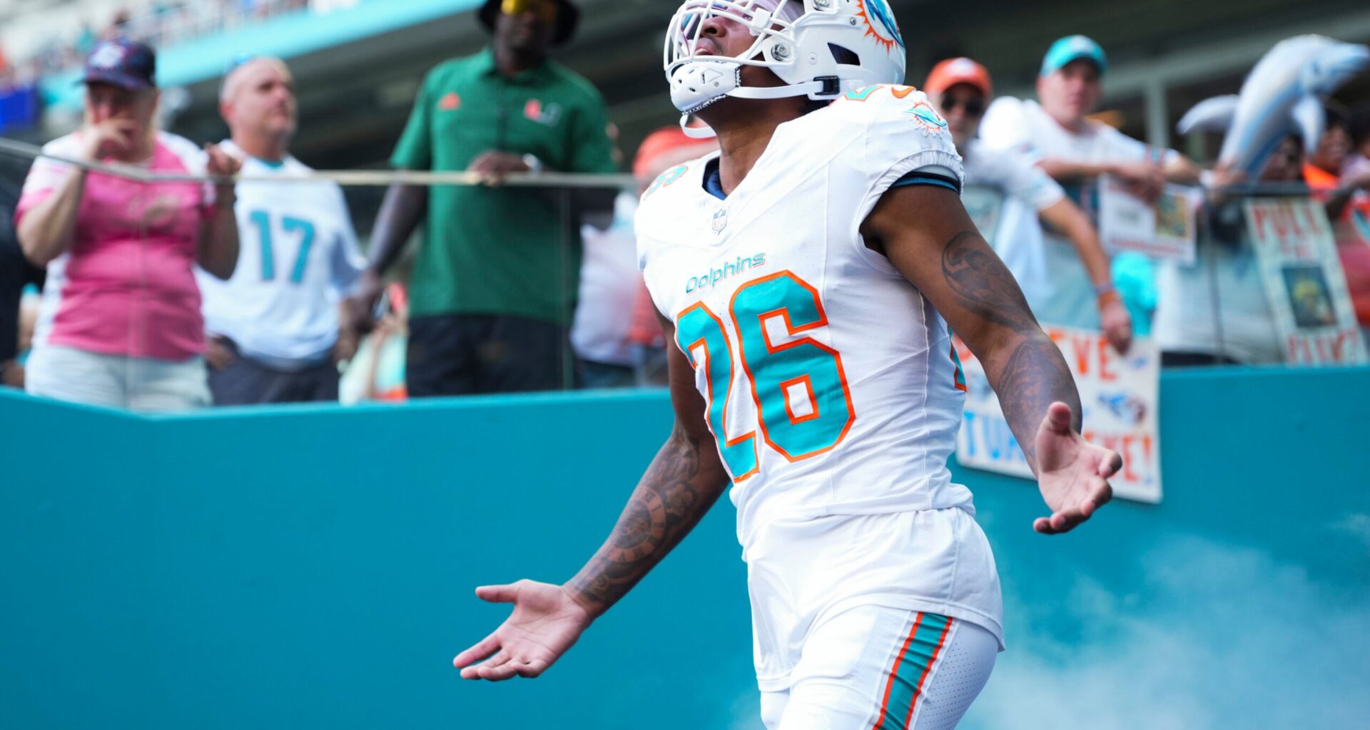 Oct 12, 2025; Miami Gardens, Florida, USA; Miami Dolphins cornerback Rasul Douglas (26) enters the field prior to a game against the Los Angeles Chargers at Hard Rock Stadium.
