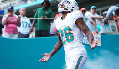 Oct 12, 2025; Miami Gardens, Florida, USA; Miami Dolphins cornerback Rasul Douglas (26) enters the field prior to a game against the Los Angeles Chargers at Hard Rock Stadium.