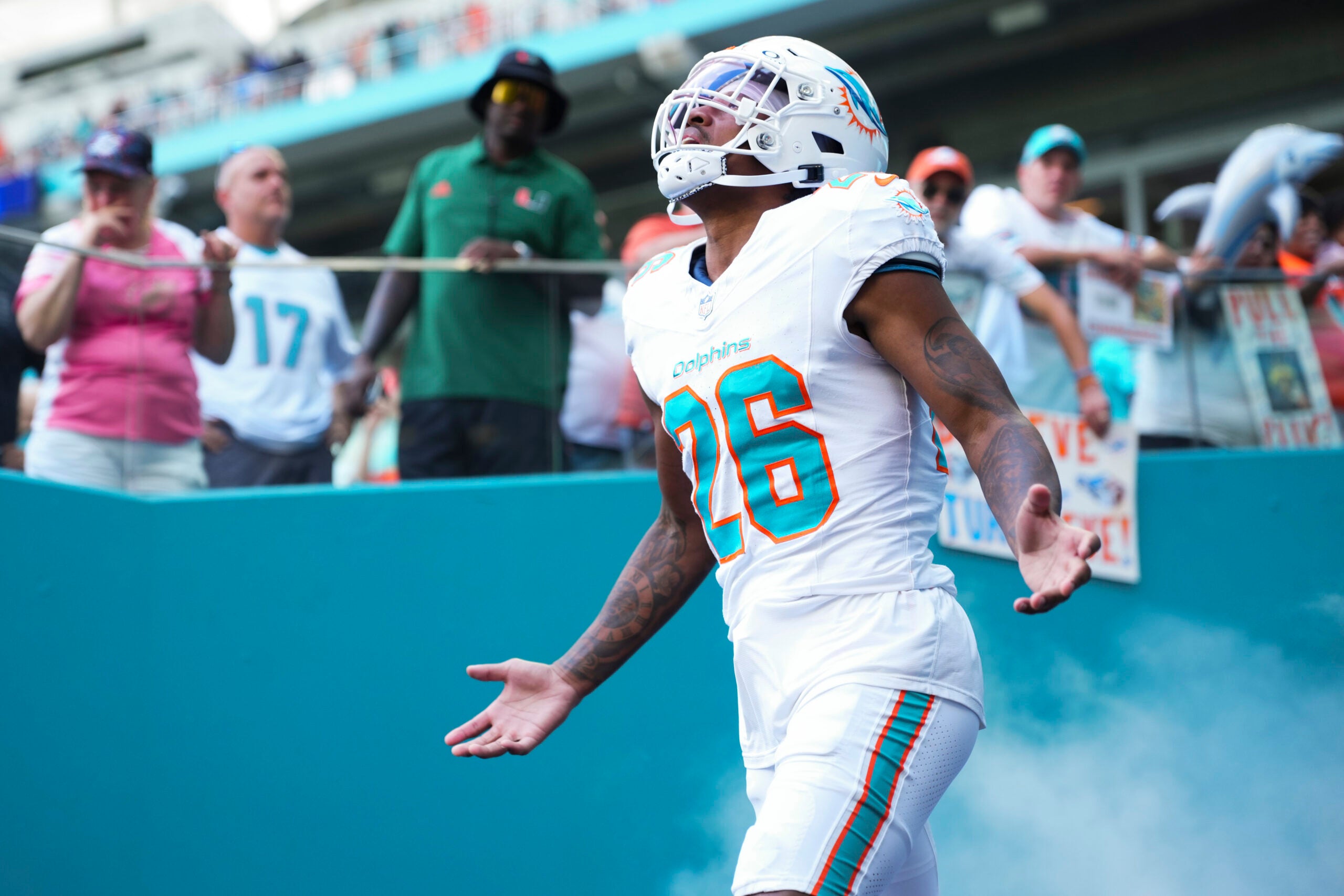 Oct 12, 2025; Miami Gardens, Florida, USA; Miami Dolphins cornerback Rasul Douglas (26) enters the field prior to a game against the Los Angeles Chargers at Hard Rock Stadium.