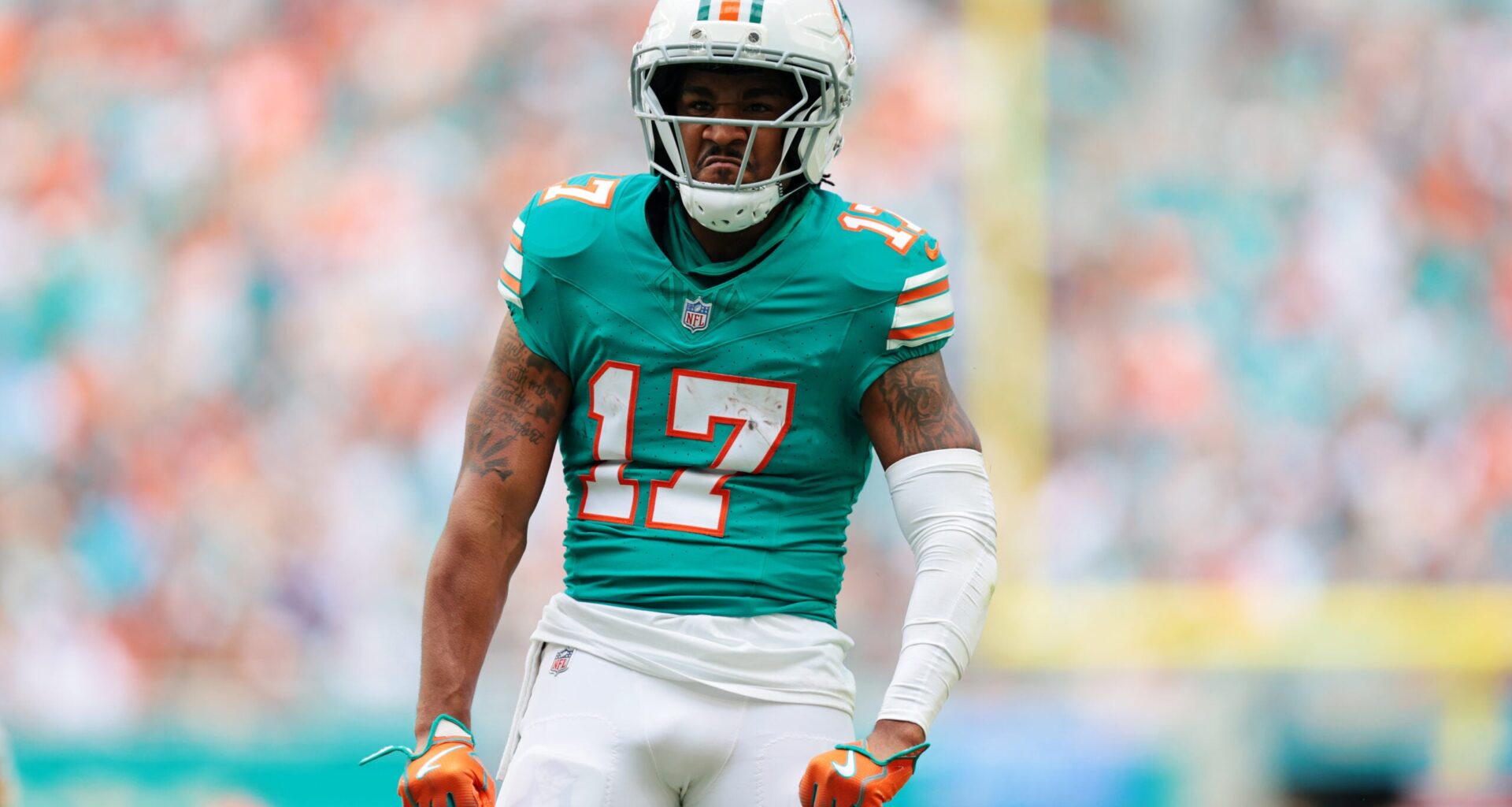 Dec 21, 2025; Miami Gardens, Florida, USA; Miami Dolphins wide receiver Jaylen Waddle (17) reacts during the second quarter against the Cincinnati Bengals at Hard Rock Stadium.