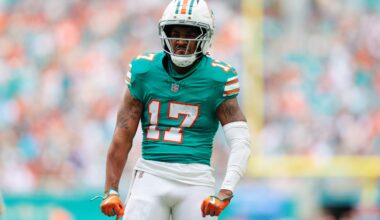 Dec 21, 2025; Miami Gardens, Florida, USA; Miami Dolphins wide receiver Jaylen Waddle (17) reacts during the second quarter against the Cincinnati Bengals at Hard Rock Stadium.