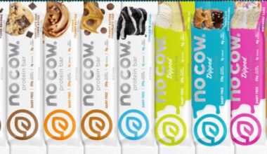 Assorted No Cow plant-based protein bars and dipped protein bars in multiple flavors displayed in branded retail packaging.