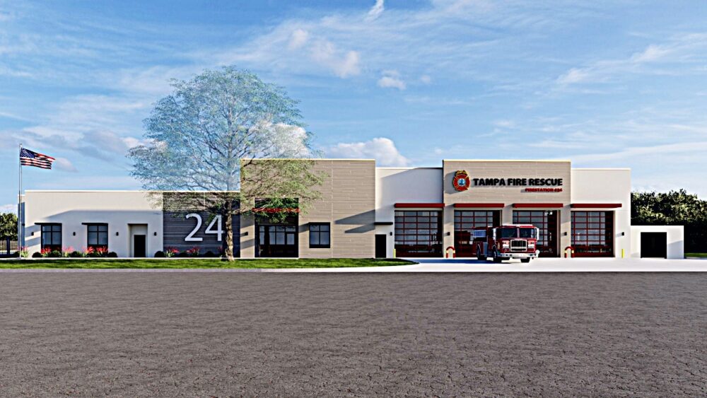 Rendering of Tampa Fire Rescue's new Fire Station 24, a four-bay emergency response facility planned near Greco Park in Tampa.