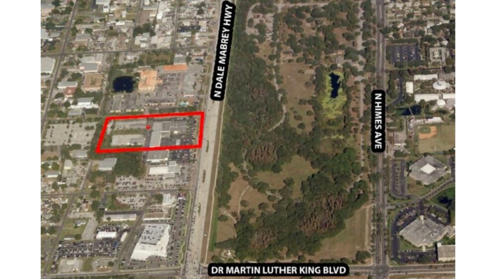 Aerial map showing the former EchoPark dealership site outlined in red along North Dale Mabry Highway in Tampa.