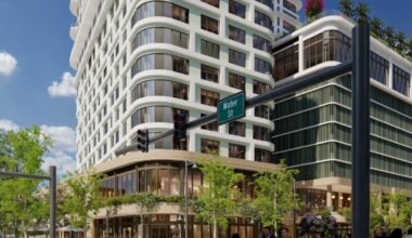 Aerial rendering of the proposed 400-foot residential tower planned for Water Street Tampa in downtown Tampa.