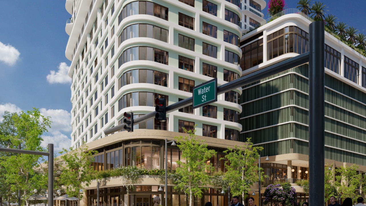 Aerial rendering of the proposed 400-foot residential tower planned for Water Street Tampa in downtown Tampa.