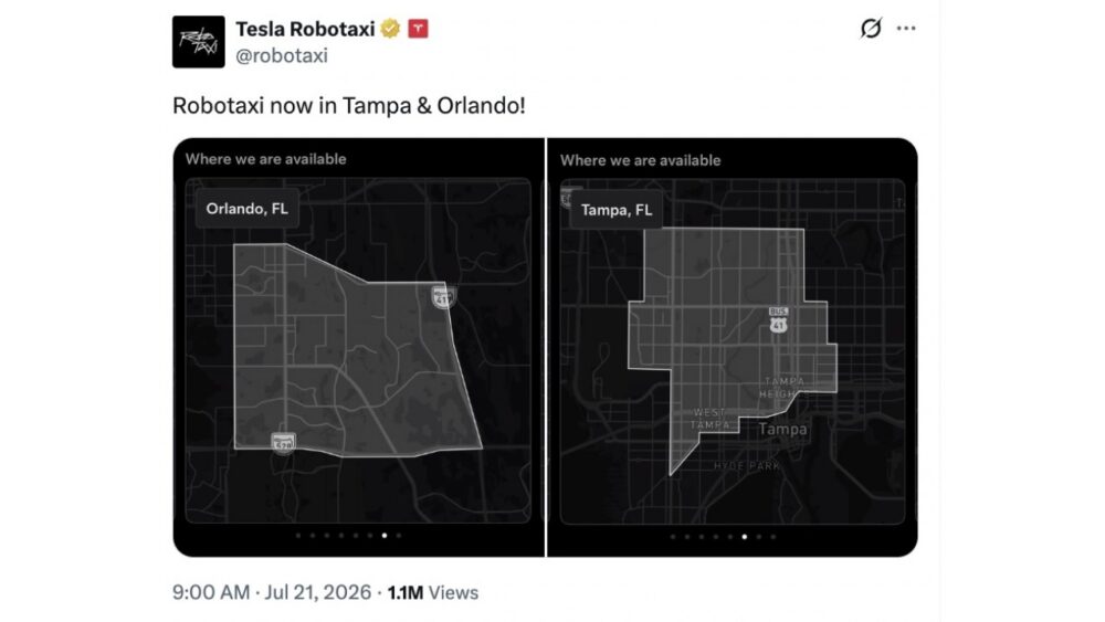 Screenshot of Tesla Robotaxi's X post announcing service in Tampa and Orlando, with maps showing the initial operating areas in both Florida cities.