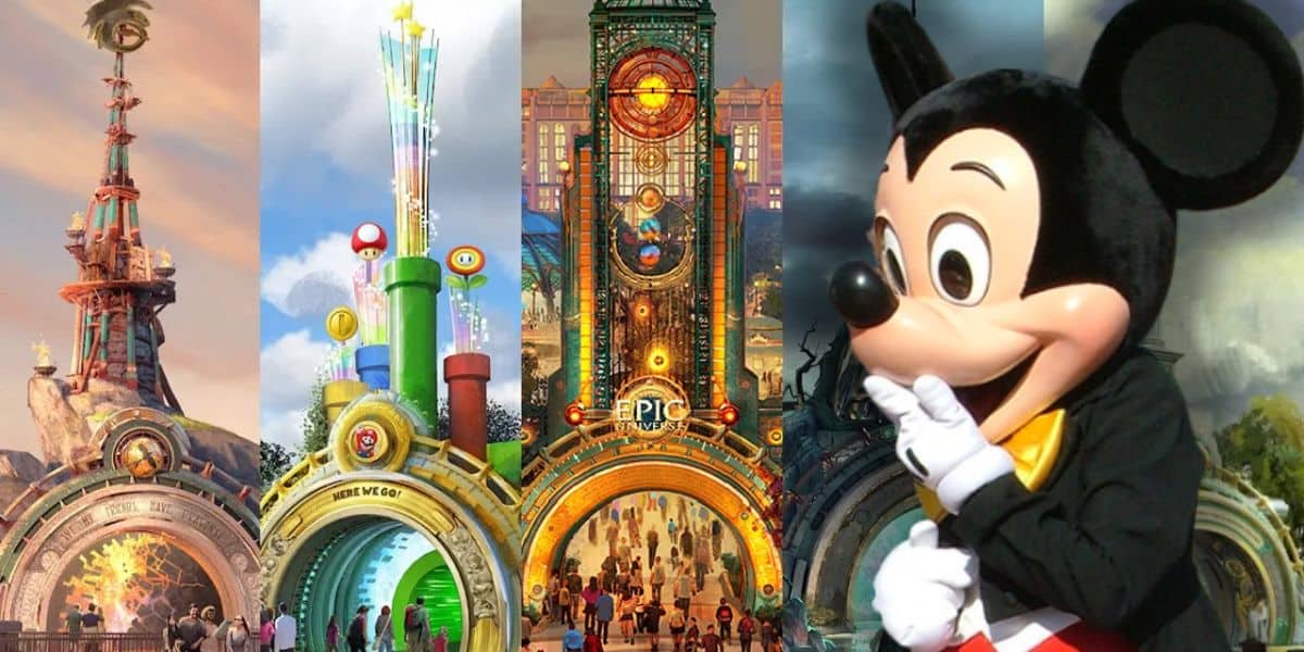 Mickey Mouse looking shocked at the entrance portals to Epic Universe, Universal Orlando Resort's newest and biggest theme park of 2025. A new survey suggests that an Epic Universe Annual Pass might be on the horizon soon. Maybe more than just one.