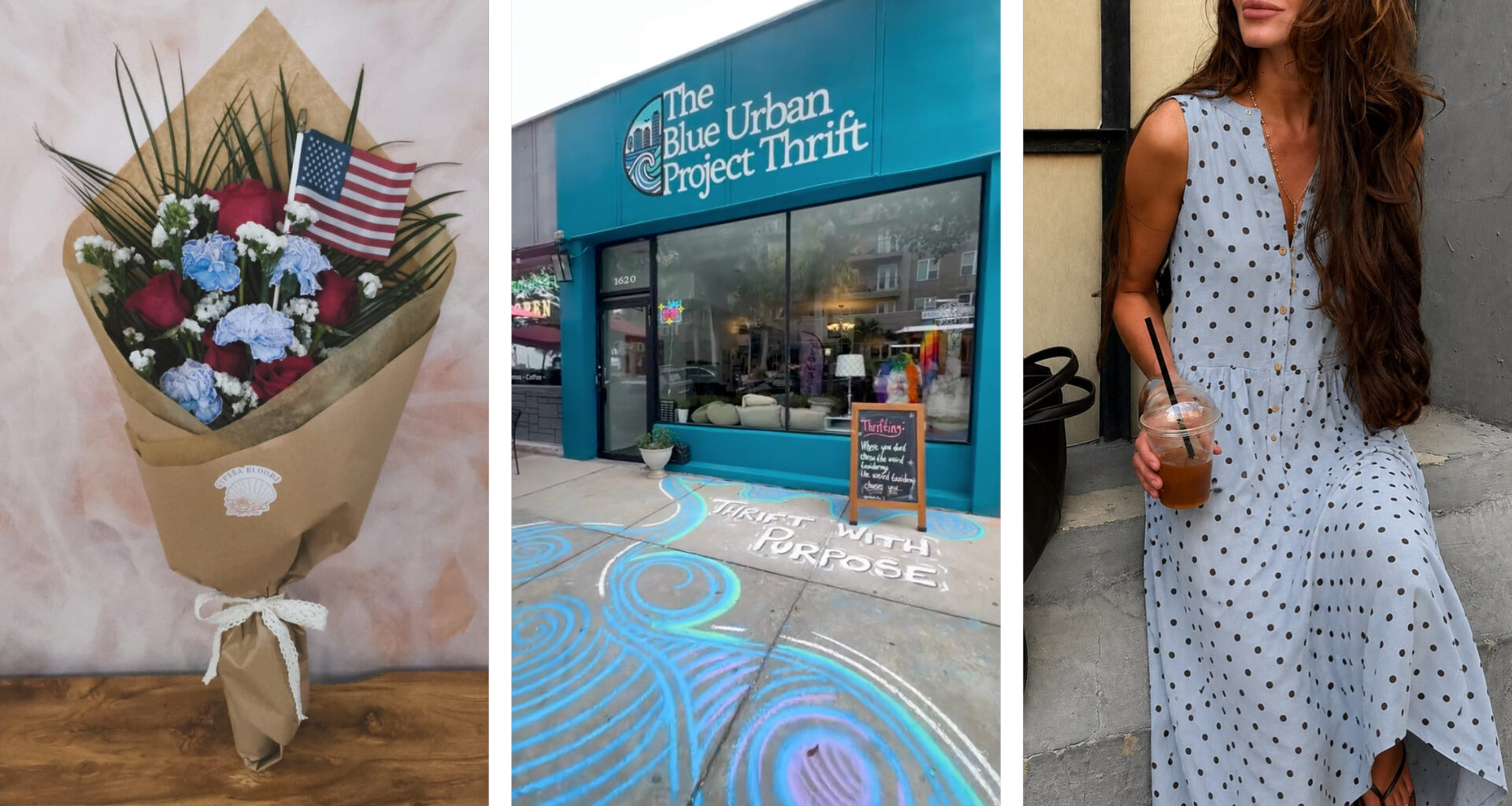 flowers, a thrift store, and a woman in a dress