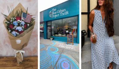 flowers, a thrift store, and a woman in a dress
