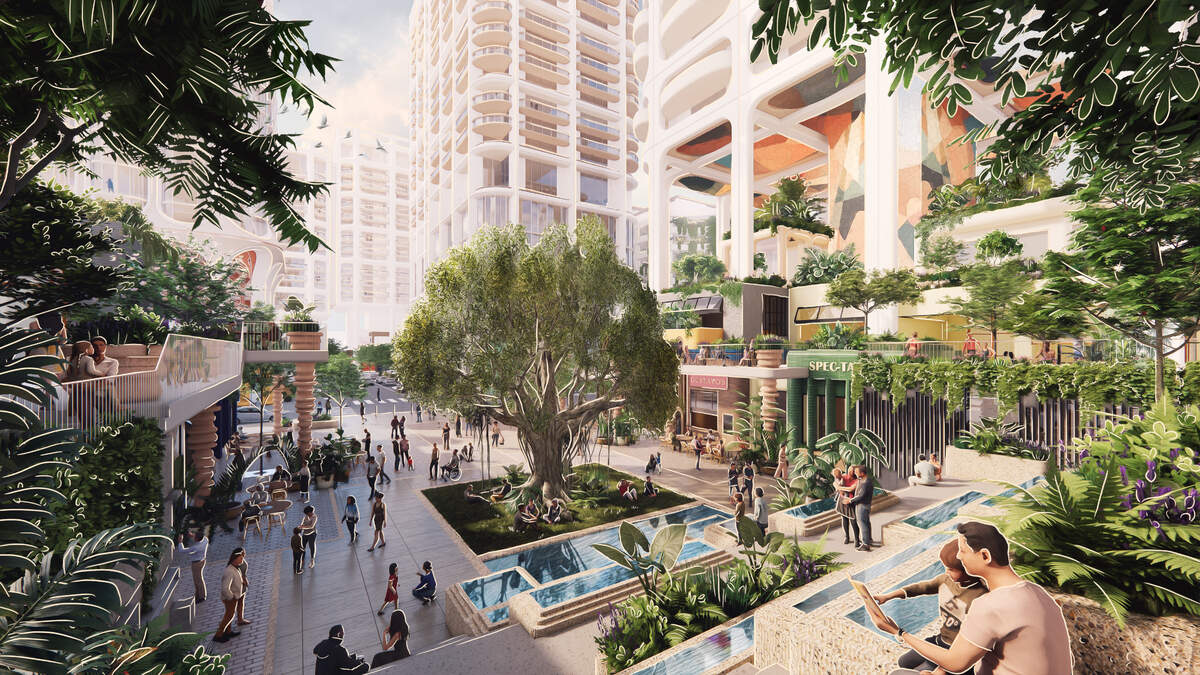 An architectural rendering depicts a central public plaza set amid towers at a planned mega-development that would replace the Sunset Place mall in downtown South Miami.