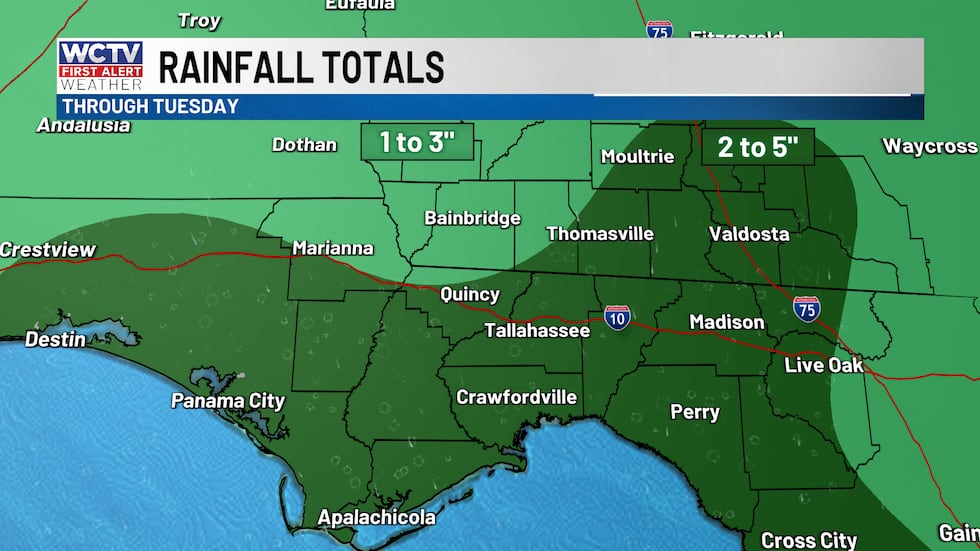Rain totals between today and Tuesday will be between 2 and 5 inches for most of the area.
