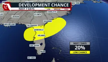 A map showing a weather system and the potential for tropical development.