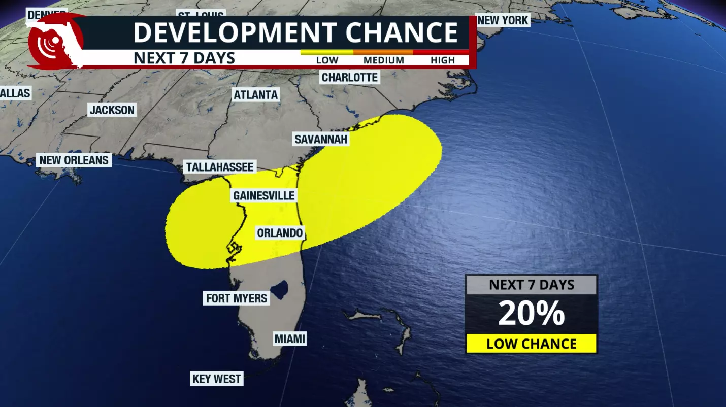 A map showing a weather system and the potential for tropical development.