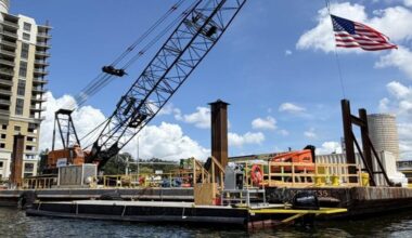 Nearly 70 drilled shafts and piles are being installed to support three overwater structures as part of the West Riverwalk Extension: the Platt Street Pedestrian Bridge, the Brorein Street Pedestrian Bridge, and the Tony Jannus Park Observation Overlook. (Photo: City of Tampa)