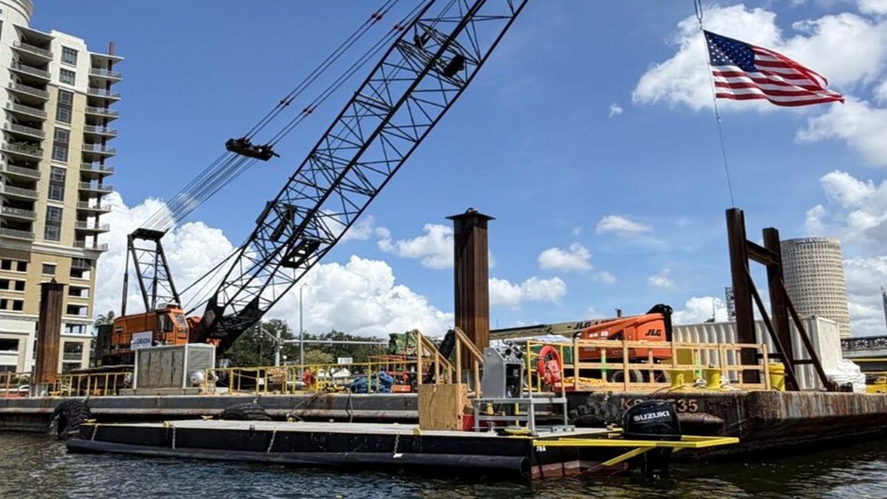 Nearly 70 drilled shafts and piles are being installed to support three overwater structures as part of the West Riverwalk Extension: the Platt Street Pedestrian Bridge, the Brorein Street Pedestrian Bridge, and the Tony Jannus Park Observation Overlook. (Photo: City of Tampa)