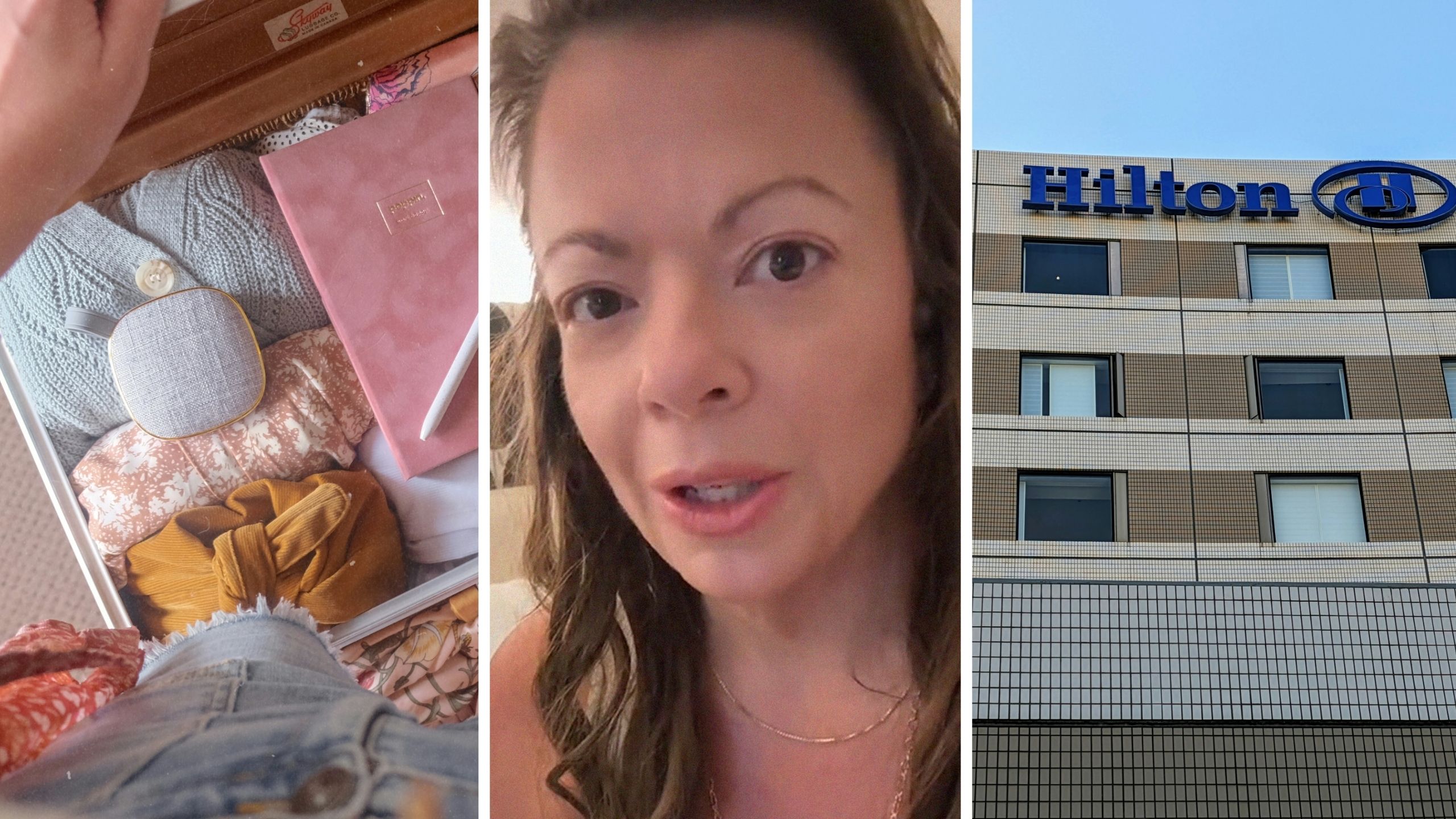 woman's luggage (l) woman shares hotel experience (c) Hilton Hotel entrance (r)