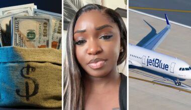 bag of cash (l) woman shares JetBlue airlines experience (c) JetBlue airlines aircraft (r)