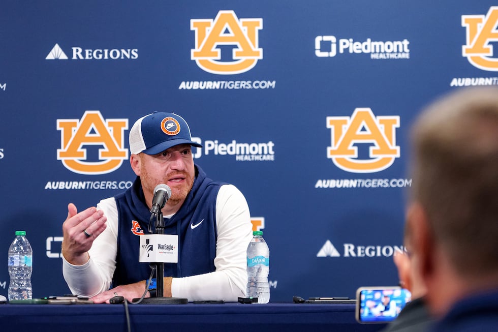 AUBURN, AL - April 14, 2026 - Auburn Head Coach Alex Golesh speaks to the media during a press...