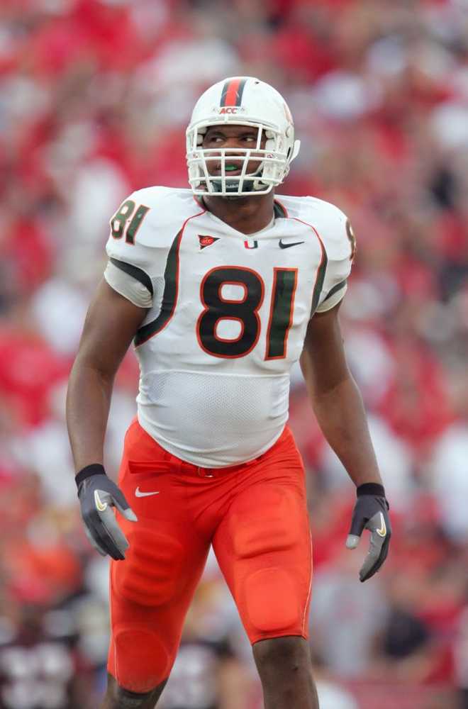 COLLEGE PARK, MD - NOVEMBER 11: Calais Campbell #81 of the Miami Hurricanes stands on the field during the game against the Maryland Terrapins at Byrd Stadium November 11, 2006 in College Park, Maryland. (Photo by Jamie Squire/Getty Images)