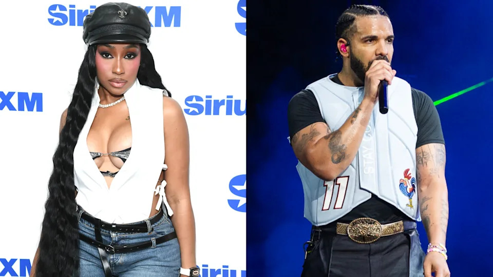 Yung Miami in a stylish outfit at a SiriusXM event, next to Drake performing on stage with a microphone.