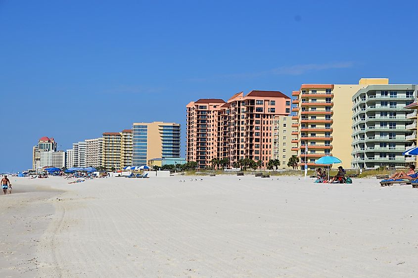 The white-sand beach at Orange Beach, Alabama.