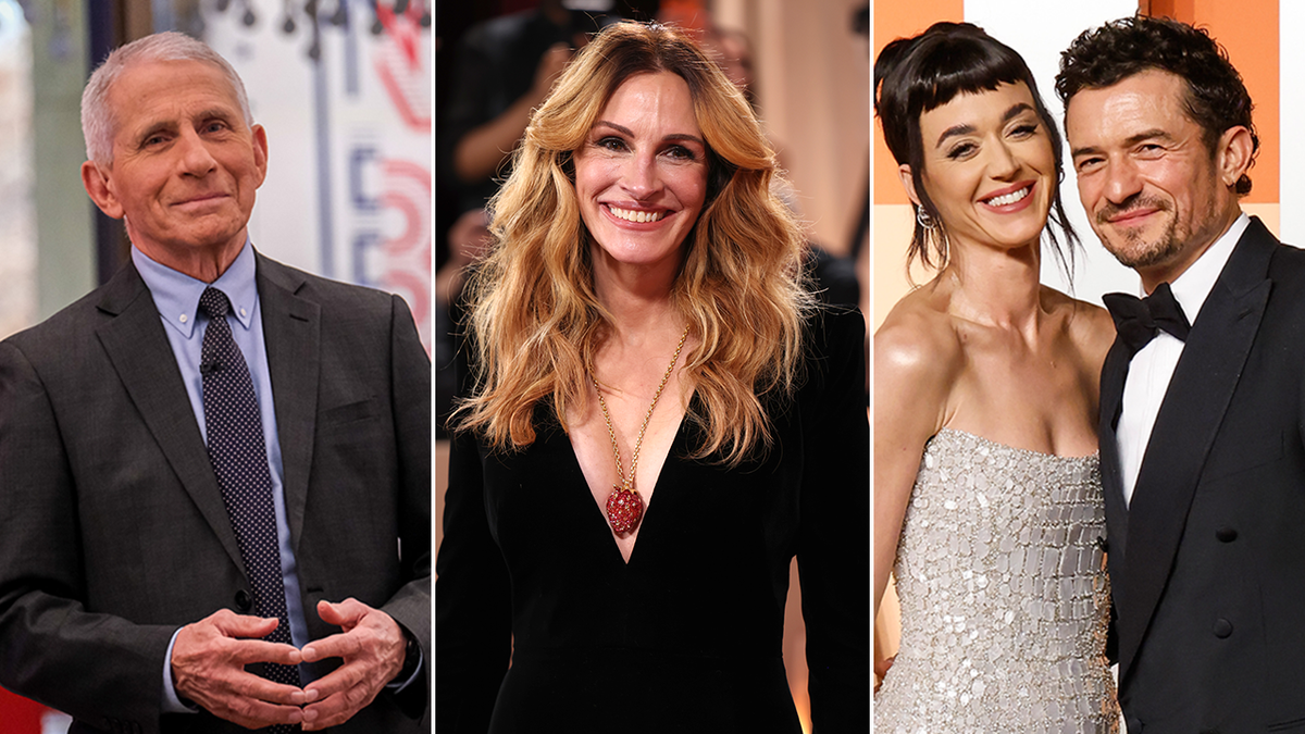 A split of Anthony Fauci, Julia Roberts and Katy Perry and Orlando Bloom