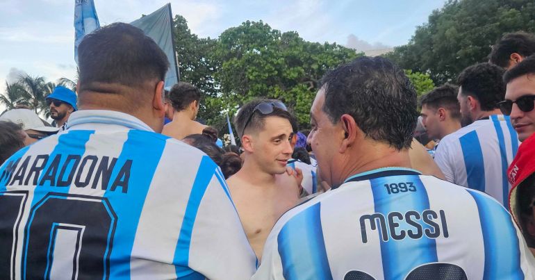 Argentina fans gather in Miami before their team's World Cup match against Cape Verde, on July 2 [Hafsa Adil/Al Jazeera]