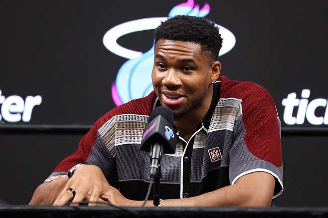 Miami Heat Introduces Bobby Portis, Jr. and Giannis Antetokounmpo MIAMI, FLORIDA - JULY 16: Giannis Antetokounmpo #7 of the Miami Heat speaks to the media during an introductory press conference at Kaseya Center on July 16, 2026 in Miami, Florida. NOTE TO USER: User expressly acknowledges and agrees that, by downloading and or using this photograph, User is consenting to the terms and conditions of the Getty Images License Agreement. (Photo by Megan Briggs/Getty Images)