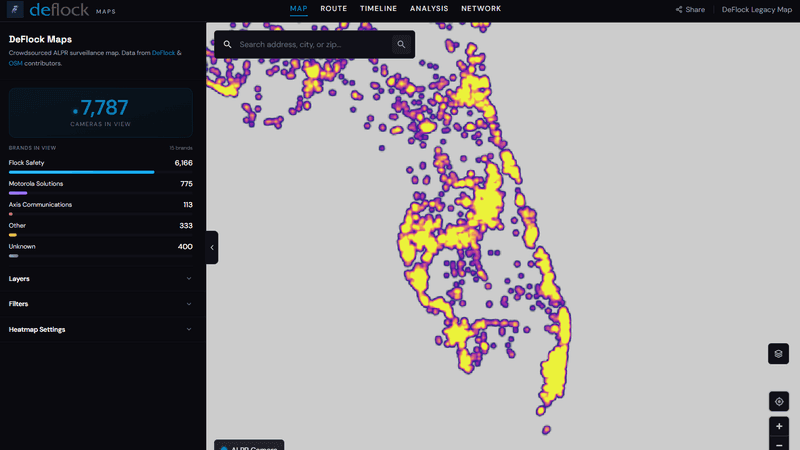 DeFlock, a crowdsourced map of reported license plate readers, shows more camera locations appearing across South Florida as users add them. It is not an official inventory, may include products made by different companies and does not independently verify every entry. (DeFlock)
