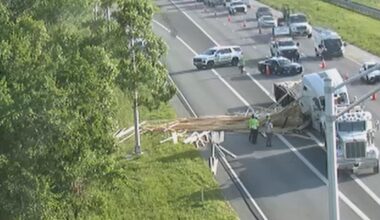 Southbound I-75 in Apollo Beach was blocked after a semi-truck spilled lumber on the road