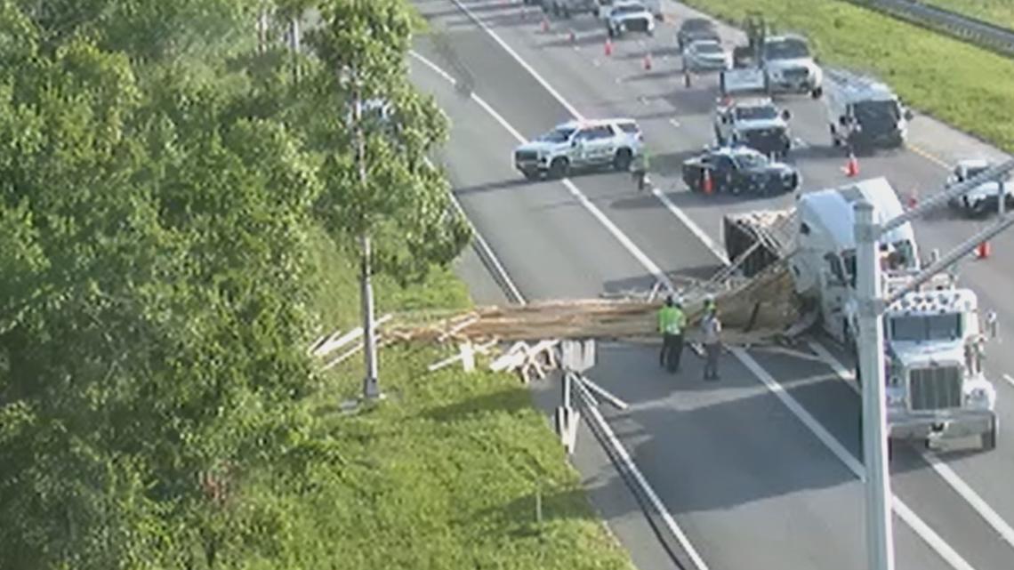 Southbound I-75 in Apollo Beach was blocked after a semi-truck spilled lumber on the road