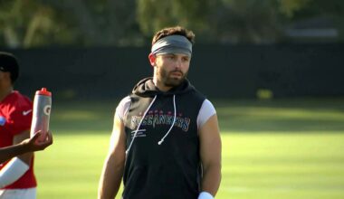Tampa Bay Buccaneers quarterback Baker Mayfield practices at the AdventHealth Training Center in Tampa. (Spectrum Sports 360/Michael Epps)