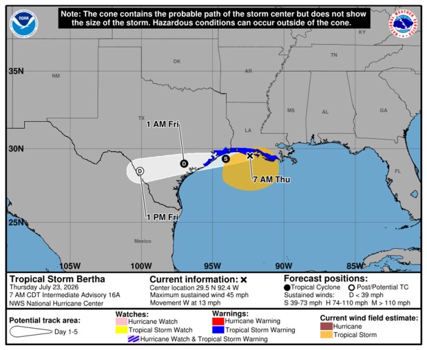Tropical Storm Bertha's cone of uncertainty as of 8 a.m. EDT Wednesday, July 23, 2026. (NHC)
