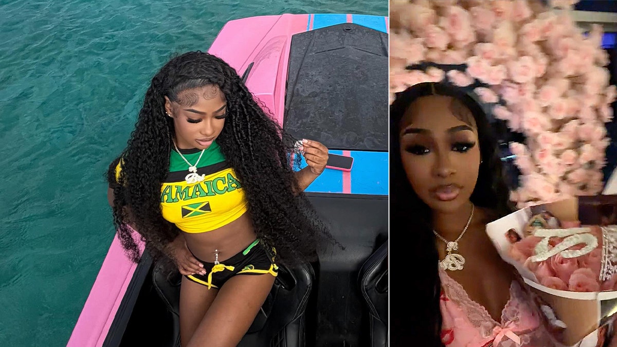 split image of Brianna in boat and holding flower bouguet