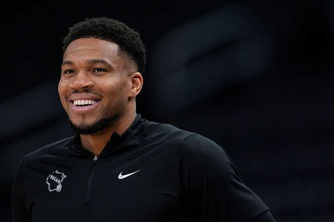 MILWAUKEE, WISCONSIN - APRIL 10: Giannis Antetokounmpo #34 of the Milwaukee Bucks looks on before a game against the Brooklyn Nets at Fiserv Forum on April 10, 2026 in Milwaukee, Wisconsin. NOTE TO USER: User expressly acknowledges and agrees that, by downloading and or using this photograph, User is consenting to the terms and conditions of the Getty Images License Agreement. (Photo by Patrick McDermott/Getty Images)
