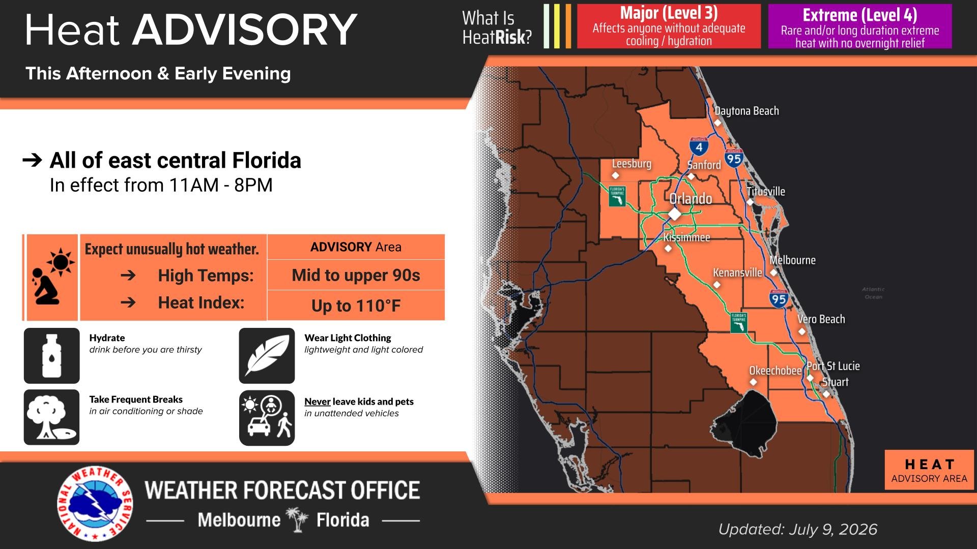 East Central Florida, including Walt Disney World Resort and Universal Orlando Resort, will be under a Heat Advisory most of Thursday, July 9.