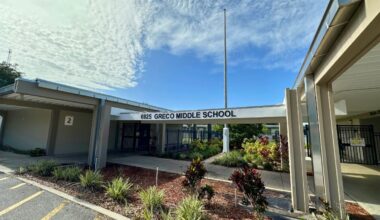 Entrance to Greco Middle School in Temple Terrace, one of five campuses identified for a proposed school speed camera program.
