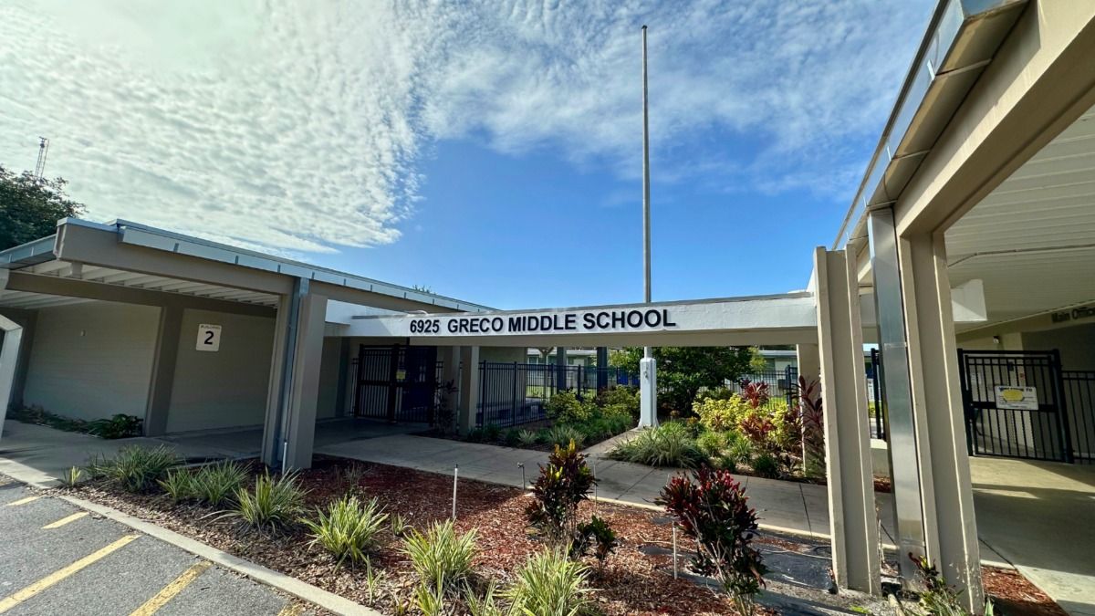 Entrance to Greco Middle School in Temple Terrace, one of five campuses identified for a proposed school speed camera program.