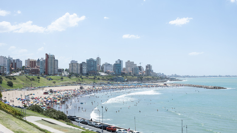 People enjoying the sea at Playa Varese in Mar del Plata, Argentina