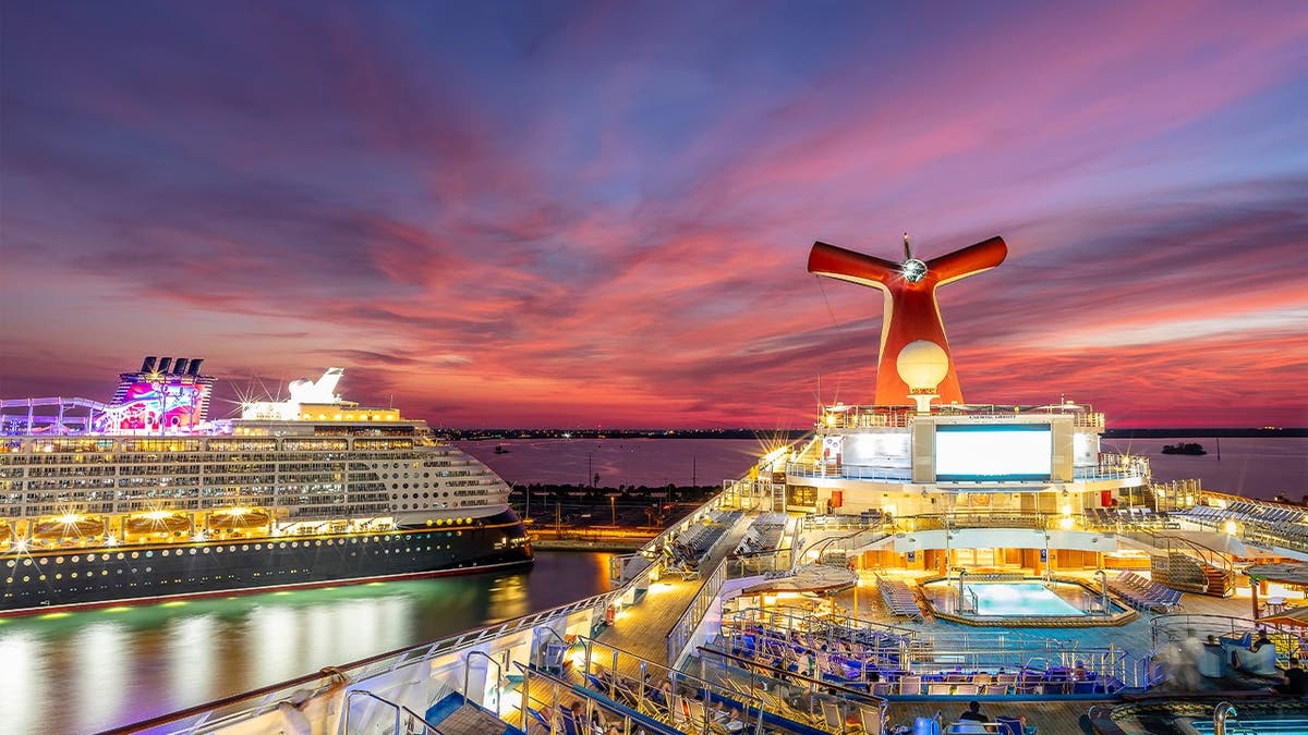 Cruise ships docked in Port Canaveral at sunset