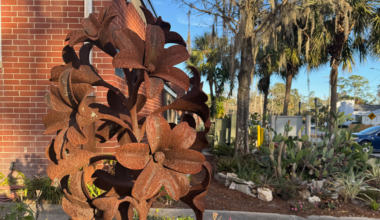 A sculpture in front of Douglas Anderson School of the Arts.