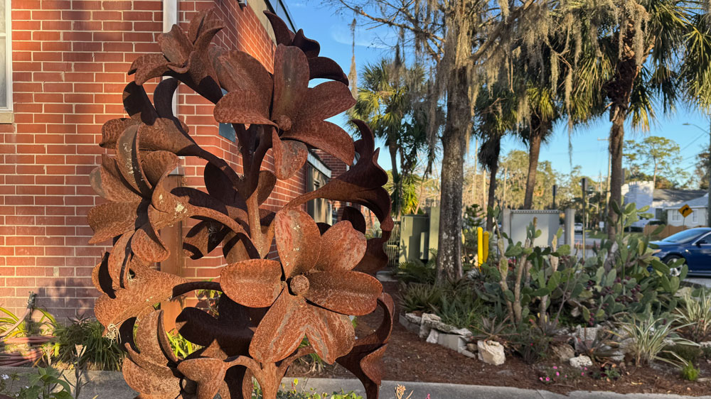 A sculpture in front of Douglas Anderson School of the Arts.