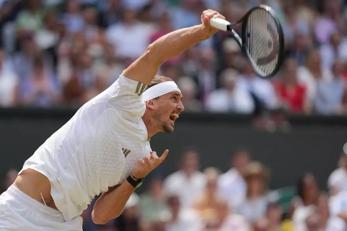 Alexander Zverev of Germany serves to Arthur Fery of Britain during their men's singles semifinal match at the Wimbledon Tennis Championships in London, Friday, July 10, 2026. (AP Photo/Kirsty Wigglesworth)