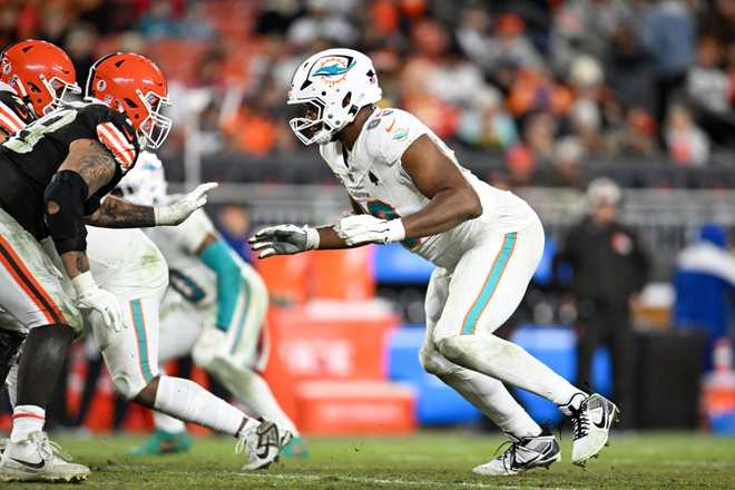 CLEVELAND, OHIO - DECEMBER 29: Calais Campbell #93 of the Miami Dolphins rushes the line of scrimmage during the third quarter against the Cleveland Browns at Huntington Bank Field on December 29, 2024 in Cleveland, Ohio. (Photo by Nick Cammett/Diamond Images via Getty Images)