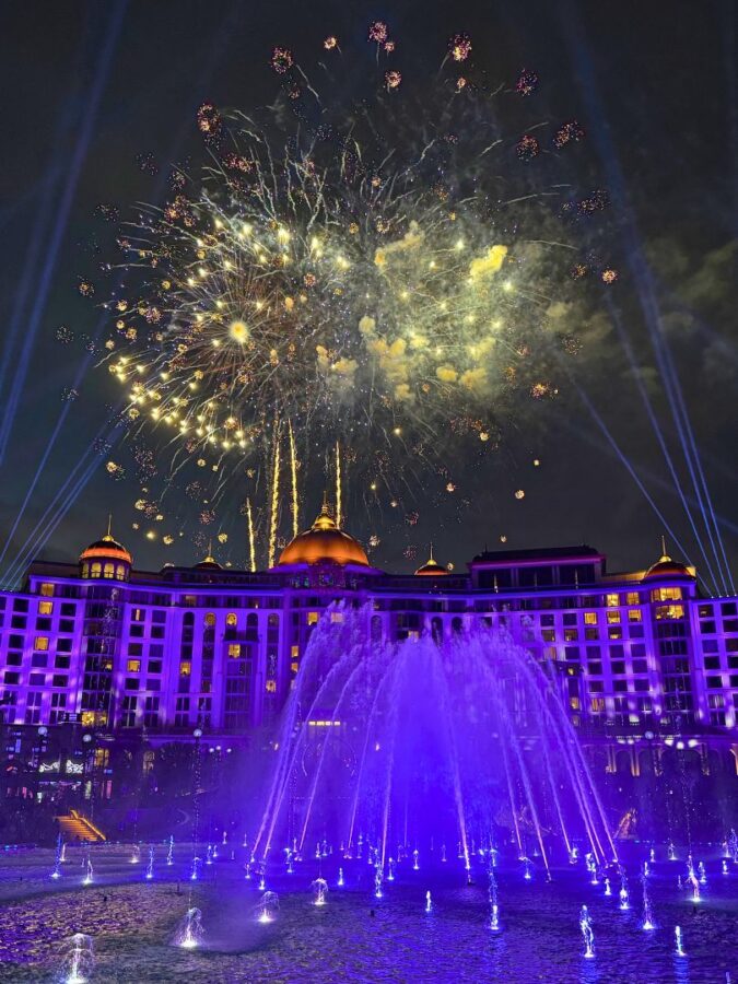 Celestial Goodnight Epic Universe firework purple fountains and lights 