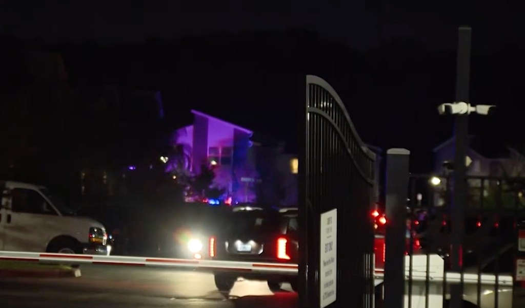 A night shot of a dark street with flashing police lights, a house with purple lights, and security cameras on a gate.