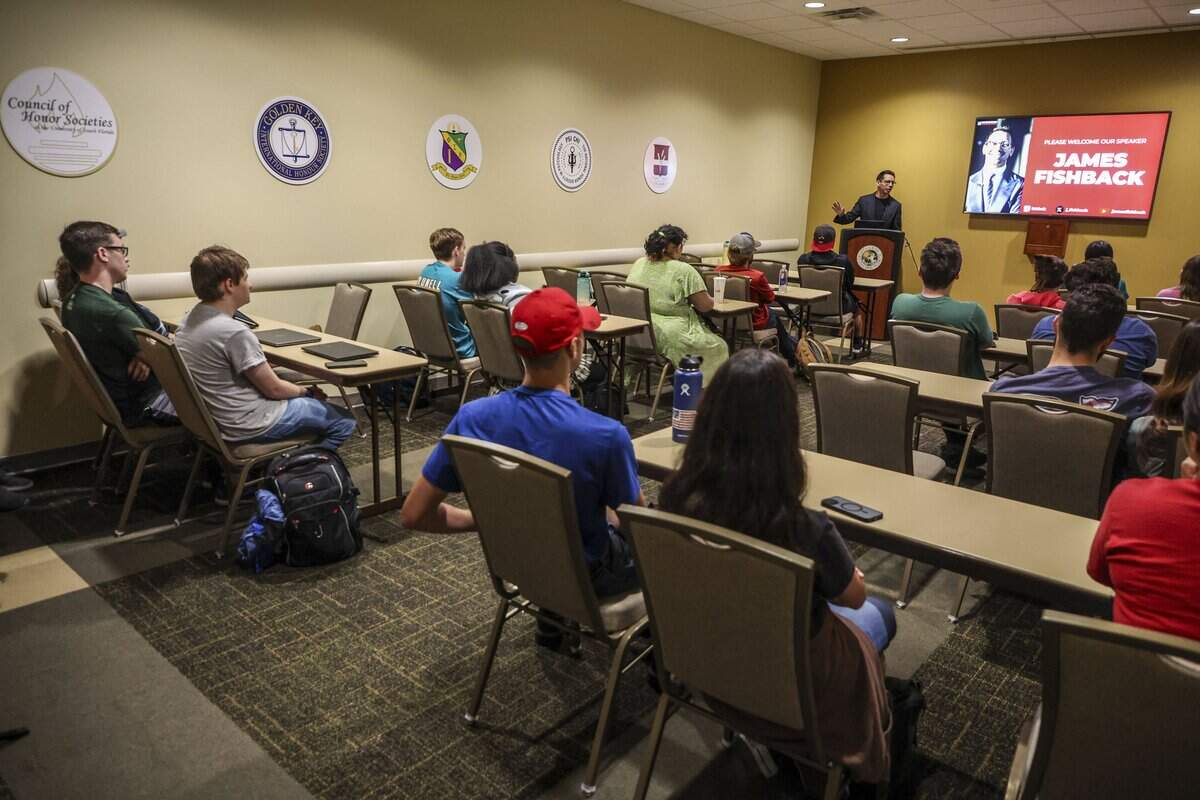 Students attend a meeting of USF’s Turning Point USA chapter as James Fishback on Monday, Oct 6, 2025, in Tampa.